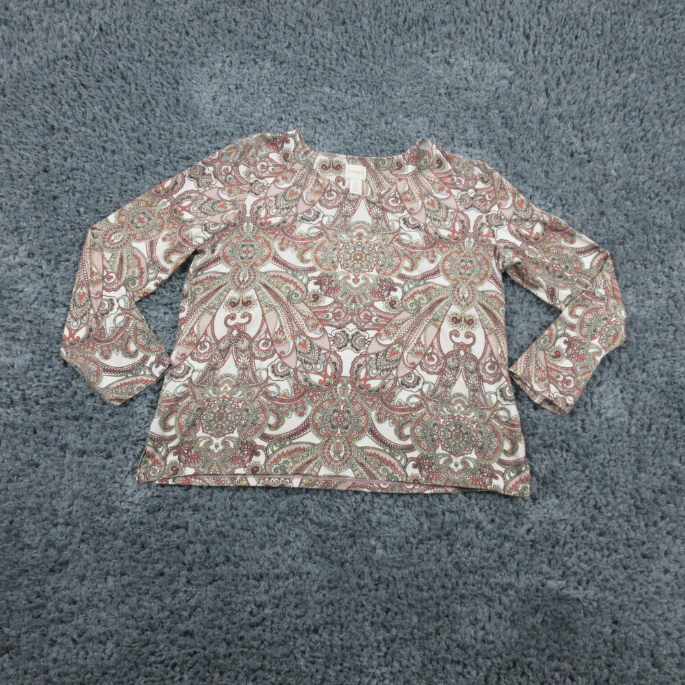Chicos Shirt Womens 2 Tan Pink White Geometric Long Sleeve Pullover